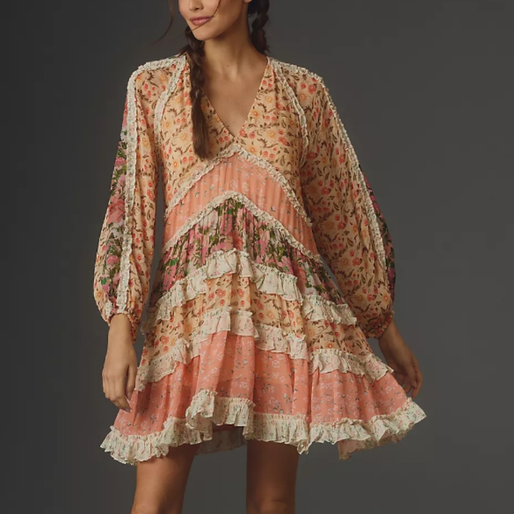 Anthropologie Verb by Pallavi Singhee Long-Sleeve Tiered Mini Dress Size Small